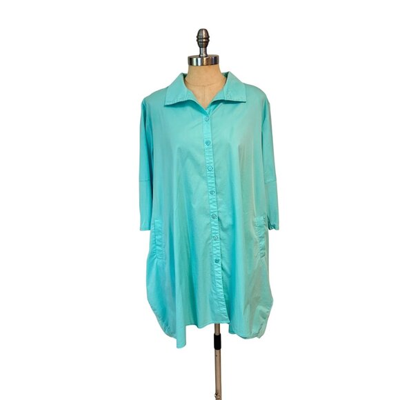 Stella Carakasi Turquoise Button-Down Tunic Shirt With 3/4 Sleeves Large - Picture 1 of 4